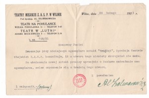 Aleksander Zelwerowicz / Dopis / Vilnius 1931.