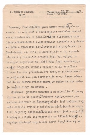 [BOY-ŻELEŃSKI Tadeusz]. Lettre dactylographiée de Tadeusz Boy-Żeleński , signée par l'auteur.