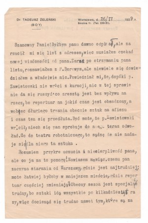 (BOY-ŻELEŃSKI Tadeusz). Maschinengeschriebener Brief von Tadeusz Boy-Żeleński , vom Autor unterzeichnet