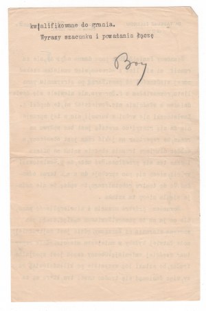 [BOY-ŻELEŃSKI Tadeusz]. Lettre dactylographiée de Tadeusz Boy-Żeleński , signée par l'auteur.
