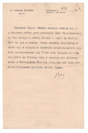 (BOY-ŻELEŃSKI Tadeusz). Typografischer Brief von Tadeusz Boy-Żeleński, mit der Unterschrift des Autors (2)