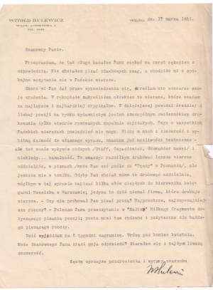Witold Hulewicz / Brief / Vilnius 1931.