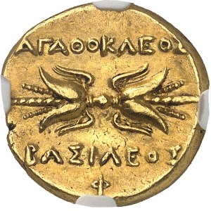 Sicília, Syrakúzy, Agatokles (317-289 pred n. l.). Zlatá statéra (dvojitý dekadrachm alebo 80 litrov) ND (asi 295 pred n. l.), Syrakúzy.
