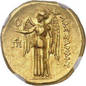 Macedónsko (kráľovstvo), Alexander III Veľký (336-323 pred n. l.). Golden Statere ND (330-320 pred n. l.), Amfipolis.