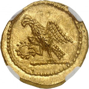 Dácia, Burebista (82-42 pred n. l.). Zlatá statéra typu Koson s monogramom ND (cca 55-44 pred n. l.).