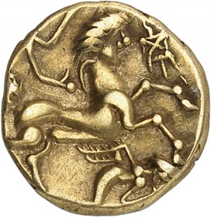 Venetes. Čtvrteční statér s malou holou hlavou, II. třída, a protáhlou postavou s roztaženými křídly ND (2. stol. př. n. l.).