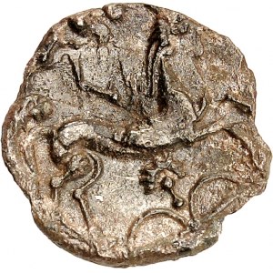 Armorica / pobřeží Atlantiku. Billonová drachma s malou nahou hlavou a stylizovaným čelním poprsím ND (1. století př. n. l.).