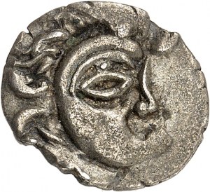 Abrincatui. Quart de statère au profil luniforme et à la lyre ND (Ier siècle avant J.-C.).