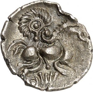 Abrincatui. Štvrť statéra s lunárnym profilom a ND lýrou (1. storočie pred Kr.).