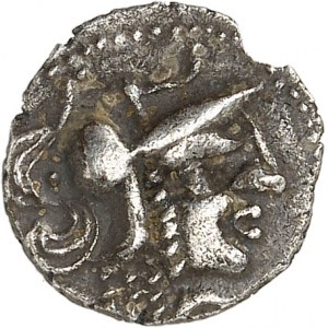 Aulerques Cénomans. Denár alebo minimi s hlavou Pallas a kanca ND (koniec prvej polovice 1. storočia pred Kr.).