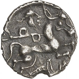 Aulerques Cénomans. Denar lub minimi z głową Pallas i dzikiem ND (koniec pierwszej połowy I wieku p.n.e.).