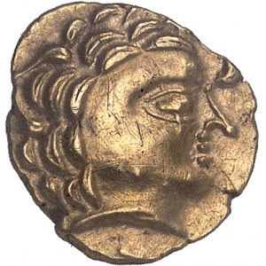 Aulerques Cénomans. Štvrť statéra s androcefalickým koňom a predĺženou postavou ND (80-50 pred n. l.).