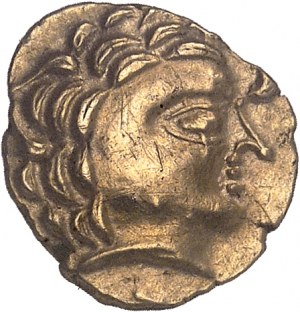 Aulerques Cénomans. Statere di quarto con cavallo androcefalo e figura allungata ND (80-50 a.C.).