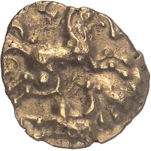 Aulerques Cénomans. Štvrť statéra s androcefalickým koňom a predĺženou postavou ND (80-50 pred n. l.).