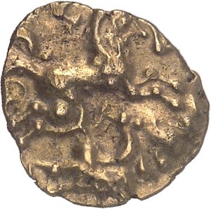 Aulerques Cénomans. Quarter statere with androcephalic horse and elongated figure ND (80-50 BC).