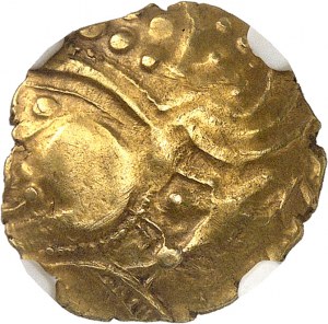Aulerques Eburovices. Hemistatere s divočákem, var. 5/6 ND (počátek 1. století př. n. l. až galská válka).