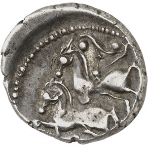 Bituriges / Incerto del centro-ovest. Dracma con cavalli sovrapposti, classe II con triskel e croce ND (metà del II secolo a.C.).