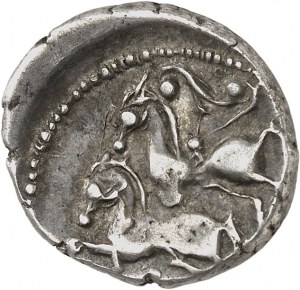 Bituriges / Incertaines du Centre-Ouest. Drachme aux chevaux superposés, Classe II au triskèle et à la croisette ND (milieu du IIe siècle avant J.-C.).