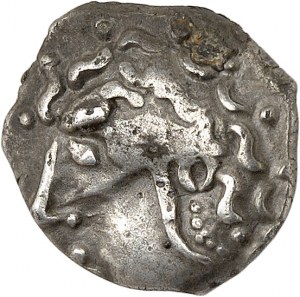 Longostaletes. Drachma langobardského typu, série V s řídkými vlasy a ND sekerou (polovina 3. - první polovina 2. století př. n. l.).