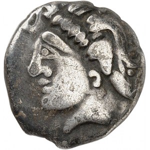 Longostalètes. Languedocká drachma, séria I s lunulami a šrafovaným pásom ND (polovica 3. - prvá polovica 2. storočia pred Kr.).