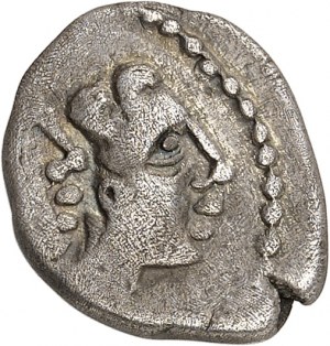 Arvernes. Drachma EPOMIIDVOS se dvěma portréty a lvem ND (1. století př. n. l.).