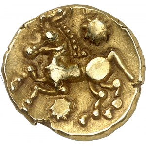 Bellovaques. Statére s hvězdou a koněm na levé straně ND (druhá třetina 1. století př. n. l. a galská válka).