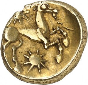 Bellovaques. Statère à l'astre, var. 5 à l'astre rayonnant ND (druhá tretina 1. storočia pred Kr. a galská vojna).