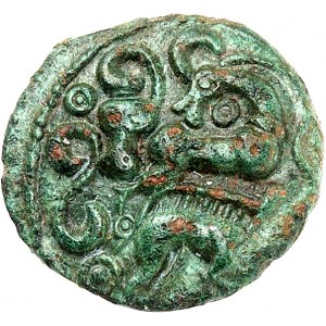 Ambiens. Bronze mit übereinander liegenden Tieren (Wildschwein/Steinbock - Pferd/Hund) ND (1. Jh. v. Chr.).