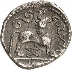 Rèmes (1. storočie pred n. l.). Denár alebo drachma ATEVLA/VLATOS s pentagramom, trieda I ND (1. storočie pred n. l.).