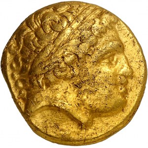 Aedui/Sequan/Helvetian (mezi Rhônou a Rýnem). Statere, typ Montmorot, napodobenina statere Filipa II. ražené v Abydosu ND (3. stol. př. n. l.).