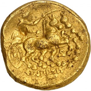 Aedui/Sequan/Helvetian (medzi riekami Rona a Rýn). Statéra, typ Montmorot, napodobenina statéry Filipa II. razenej v Abydose ND (3. storočie pred n. l.).