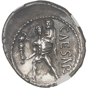Július Caesar (60-44 pred n. l.). Denár ND (47-46 pred n. l.), severná Afrika.