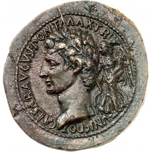 Augustus (27 př. n. l. - 14 n. l.). Dupondius (?), ražba na prázdném medailonu ND (7 př. n. l.), Řím.