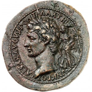 Augustus (27 pred n. l. - 14 n. l.). Dupondius (?), vyrazený na medailóne ND (7 pred n. l.), Rím.
