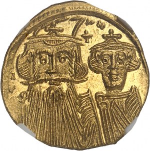 Konštantín II (641-668). Solidus s Konštantínom IV, Herakleiom a Tiberiom ND (po 659), Konštantínopol, 5. úrad.