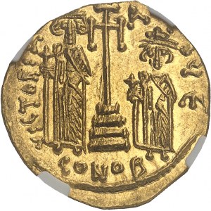 Konštantín II (641-668). Solidus s Konštantínom IV, Herakleiom a Tiberiom ND (po 659), Konštantínopol, 5. úrad.