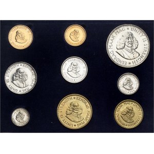 Južná Afrika (Juhoafrická republika). PROOF SADA 9 mincí, 2 a 1 rand v zlate, 50, 20, 10, 5 a 2 1/2 centa v striebre, 1 a 1/2 centa v mosadzi, leštené polotovary (PROOF) 1963, Pretória.