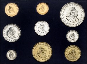 South Africa (Republic of). PROOF SET of 9 coins, with 2 and 1 rand in gold, 50, 20, 10, 5 and 2 1/2 cents in silver, 1 and 1/2 cent in brass, Burnished blanks (PROOF) 1963, Pretoria.