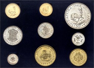 South Africa (Republic of). PROOF SET of 9 coins, with 2 and 1 rand in gold, 50, 20, 10, 5 and 2 1/2 cents in silver, 1 and 1/2 cent in brass, Burnished blanks (PROOF) 1963, Pretoria.