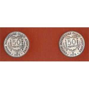 Währungsunion (seit 1960). Box mit zwei Versuchen zu 50 Francs aus Silber 1972, Paris.