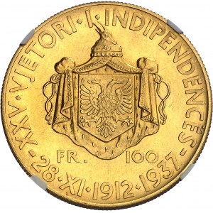 Zog I (1/9/1928-1939). 100 franga ari, 25° anniversario dell'indipendenza 1937, R, Roma.