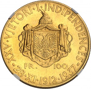 Zog I (1/9/1928-1939). 100 franga ari, 25° anniversario dell'indipendenza 1937, R, Roma.