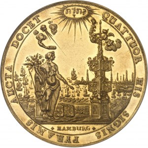 Hamburg (miasto cesarskie). Portugalöser o wartości 10 dukatów, z jednostką czterech wielkich miast bankowych Europy (Amsterdam, Hamburg, Norymberga i Wenecja), autorstwa J. Reteke, z aspektu Flan bruni (PROOFLIKE) 1677, Hamburg.
