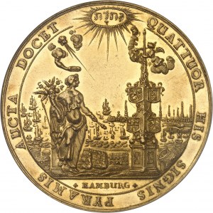 Hamburg (imperial city of). Portugalöser of 10 ducats, in the unit of the four great banking cities of Europe (Amsterdam, Hamburg, Nuremberg and Venice), by J. Reteke, in burnished flan (PROOFLIKE) 1677, Hamburg.