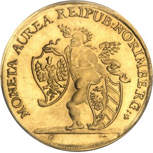 Norimberk (město). Moderní ražba 5 norimberských dukátů [1677] (cca 1972), Pařížská mincovna pro NI (Numismatique Internationale).