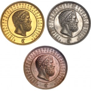 Prusko, Fridrich Viliam IV (1840-1861). Súbor 3 medailí v zlate, striebre a medi, Prvé uvedenie Antigony Felixa Mendelssohna v Berlíne, C. K. Pfeuffer 1841, Berlín.