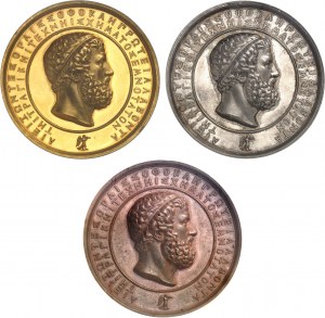 Prussia, Federico Guglielmo IV (1840-1861). Set di 3 medaglie in oro, argento e rame, Prima esecuzione dell'Antigone di Felix Mendelssohn a Berlino, di C. K. Pfeuffer 1841, Berlino.