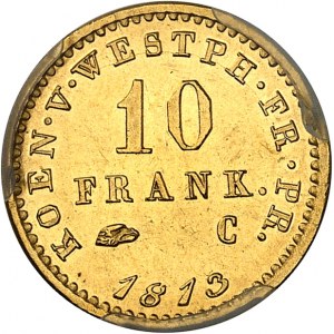 Westphalia, Jerome Napoleon (1807-1813). 10 franken Or, Flan bruni (PROOF) 1813, C, Paris.