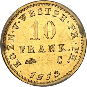 Vestfálsko, Jerome Napoleon (1807-1813). 10 frankov Or, Flan bruni (PROOF) 1813, C, Paris.