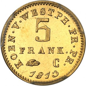 Vestfálsko, Jerome Napoleon (1807-1813). 5 frankov Or, Flan bruni (PROOF) 1813, C, Paris.